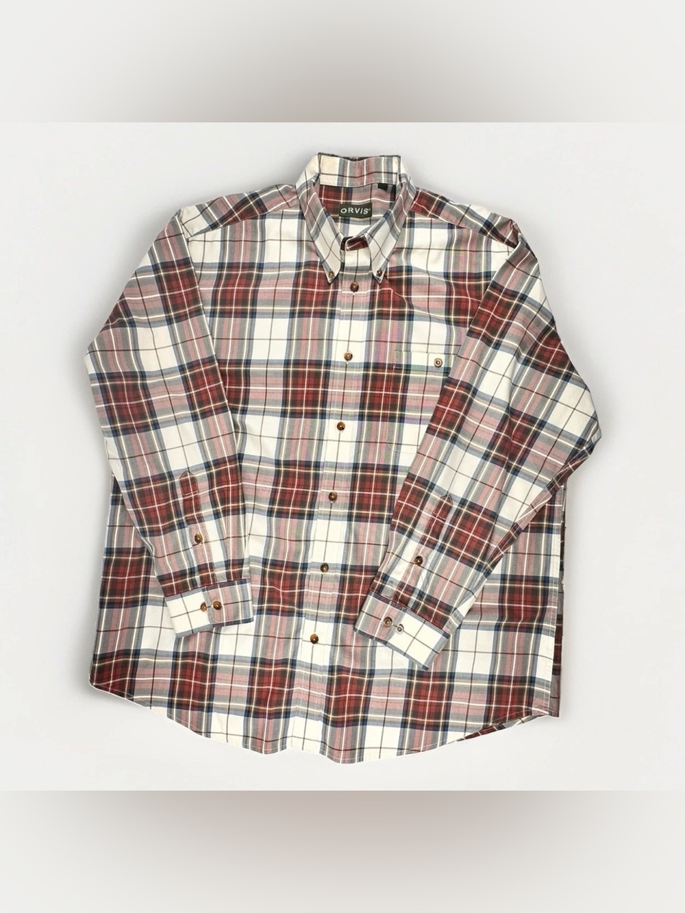 Orvis Men's XXL Orange Blue Check Plaid Long Sleeve Shirt 100% Cotton Classic